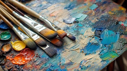 Obraz premium Artistic Palette with Brushes and vibrant Paints on Table Surface