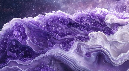 Amethyst geode, purple crystals, swirling patterns, cosmic background