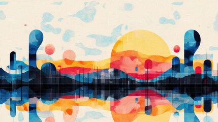 Vibrant abstract cityscape with colorful geometric skyline reflections du sunrise with warm orange sun and dynamic shapes on a bright sky background