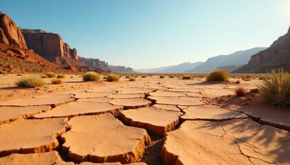 Dry brown earth, cracked ground, sparse desert plants, arid landscape , rough, nature