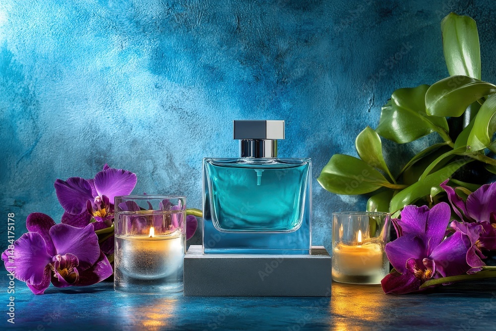 Poster teal perfume bottle displayed on a podium with candles and orchids.