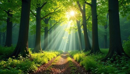 Towering trees, dappled sunlight on forest floor, soil, jungle scene