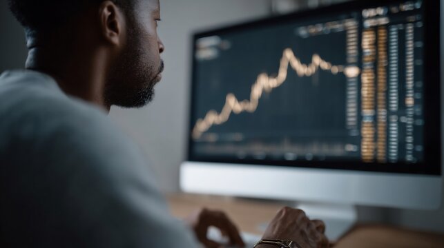 Focused male professional analyzing financial data on a computer screen