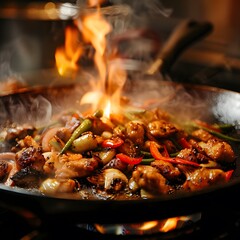Sizzling Chicken and Vegetables in Pan with Flames