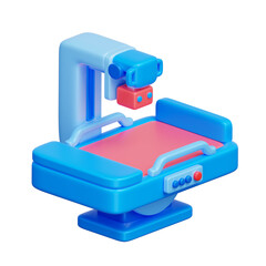 3D icon of a digital X-ray scanner with movable patient bed, used in hospitals and clinics for capturing internal images of bones and organs during diagnostic procedures.