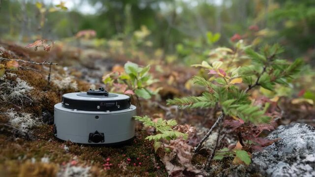 A portable nuclear sniffer p on a rugged terrain surrounded by foliage showcasing its robust design meant for fieldwork with its sensors pointing towards the ground.