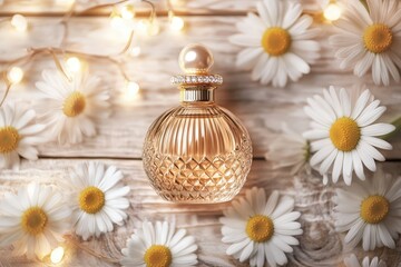 Obraz premium Elegant perfume bottle surrounded by daisies and fairy lights.