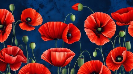 Beautiful red poppy flowers in full bloom against a rich blue textured background, symbolizing remembrance, beauty, elegance, and vibrant nature in a striking floral composition


