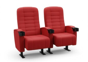 Two red theater seats with cup holders on a white background