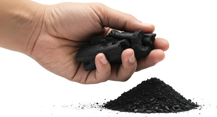 Fototapeta premium Hand holding charcoal briquettes and pile of charcoal dust transparent background