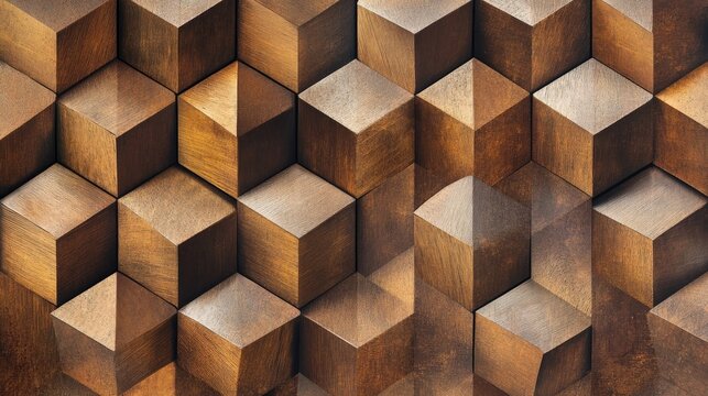 Geometric wooden cube pattern wall design.