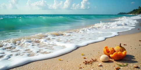 Ocean waves gently caress a secluded, sandy beach, leaving behind delicate seaweed and shells; the tranquil scene evokes a sense of peace and the power of nature's artistry , coast, peaceful, nature