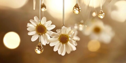 Obraz premium Oil drips onto delicate chamomile flowers, showcasing nature's beauty.