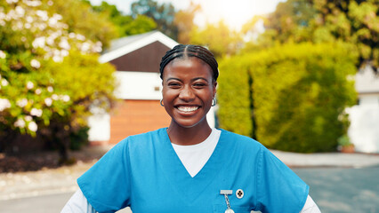 Nurse, black woman and portrait outdoor at nursing home for healthcare support, medical assistance...