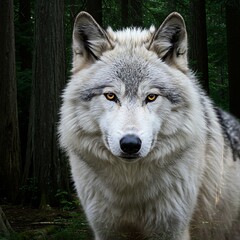 Fototapeta premium Majestic Wolf: Forest Majesty, Golden Eyes
