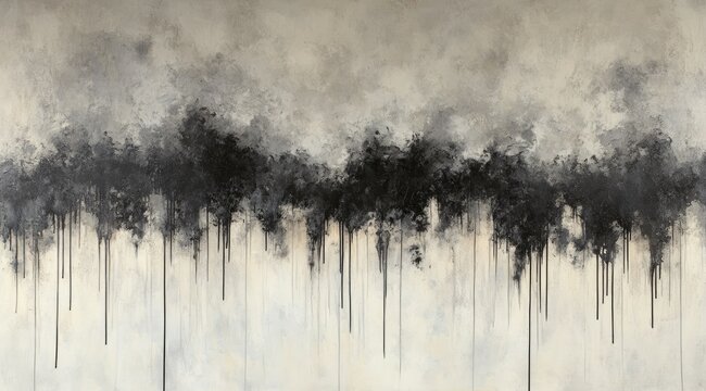 Abstract landscape painting in grayscale, featuring dark, dripping shapes against a lighter background