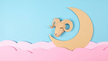 Unique Eid al-Adha picture theme featuring a crescent moon, sacrificial sheep, and glowing lanterns. Perfect for Islamic holiday designs, Qurban posters, or Muslim celebration visuals. Ai Generated