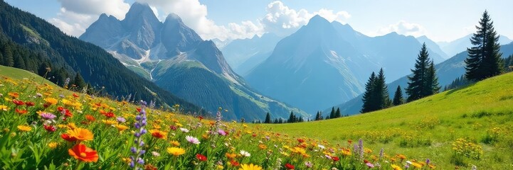 Fototapeta premium Serene alpine meadow nestled high in the mountains, wildflowers in bloom, stunning mountain backdrop Perfect for travel, nature, and outdoor adventure themes , ecology, travel