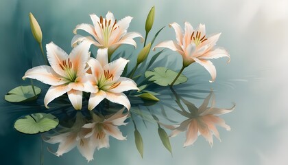 Fototapeta premium A delicate watercolor artwork of lilies painted in white and pale peach.