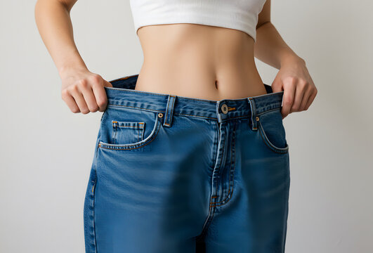 Korean woman weight loss success, flat abs after diet, slim waist in loose jeans, Asian female fitness body, healthy lifestyle transformation