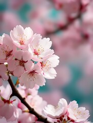 Obraz premium Close-up of delicate pink cherry blossoms in full bloom on a branch, capturing the beauty of spring nature with soft focus and vibrant colors against a dreamy turquoise background