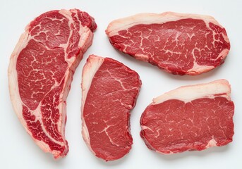 Four raw beef steaks with visible marbling on a white surface ready for cooking