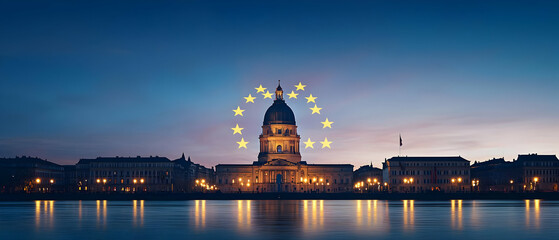 European Union Flag Illuminated On City Hall At Night