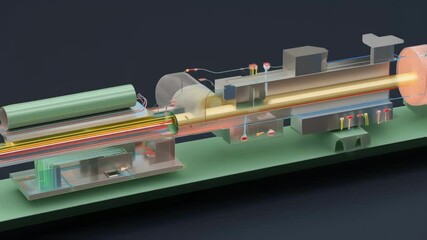 A detailed crosssection of a beamline illustrating the layering of components such as the accelerator vacuum tubes and scintillation detectors that capture particle data.