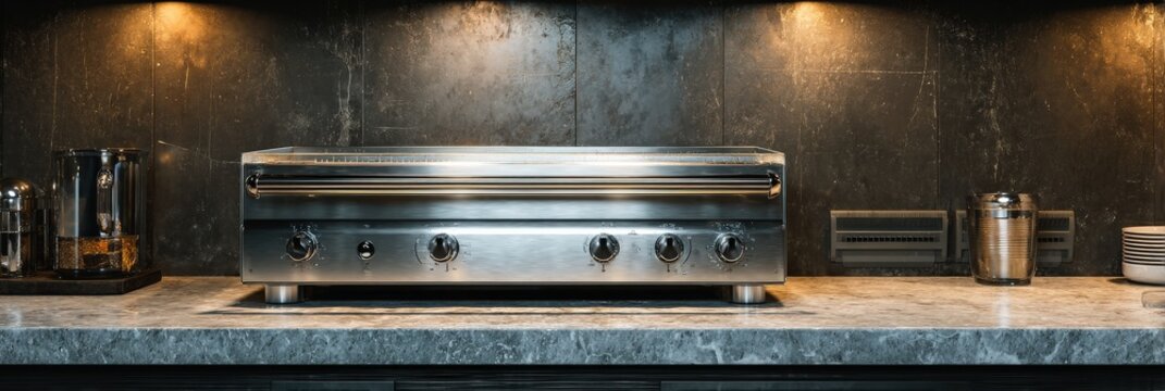 Sleek stainless steel electric griddle sits on a marble countertop in a modern kitchen. Perfect for indoor grilling.