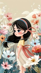 Fototapeta premium chibi character phone background A young girl stands among colorful flowers, lost in thought, embodying innocence and the beauty of nature's embrace.