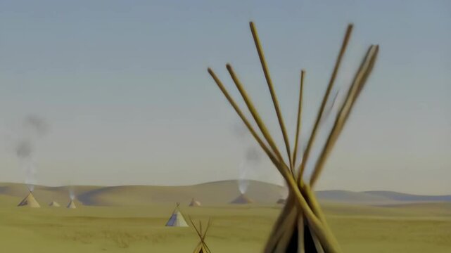 Tipi dwelling with geometric patterns standing on grassy plain under blue sky during daytime