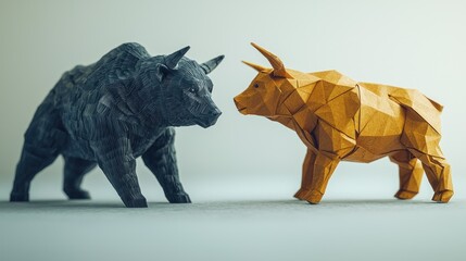 Origami bull and bear figures facing off