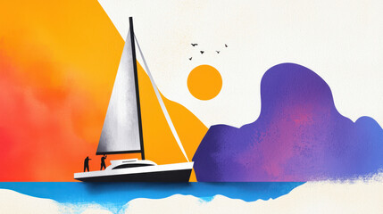 Naklejka premium Vibrant abstract sunset scene with a sailing boat on water with colorful clouds and sky featu bold orange and purple hues and birds flying in the background