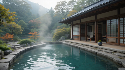 Japanese onsen in a traditional ryokan surrounded by nature
