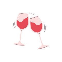 Two clinking wine glasses with red wine in flat style. Celebration, party, romantic dinner, or holiday toast concept.