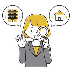 家探しをするスーツ姿の女性のイラスト　驚き
