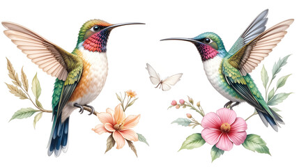 Obraz premium watercolor illustration, set beautiful tropical bird, hummingbirds in isolated white background