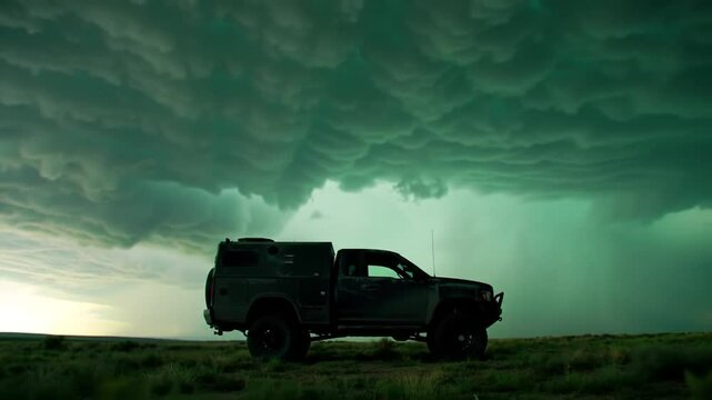 Truck Awaits the Coming Storm in the Open Field Landscape