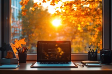 Autumn sunset view from cozy workspace with laptop
