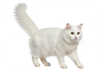 Walking white cat with yellow eyes on a white background in studio shot