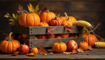 Abundant fall harvest bounty overflowing from a wooden crate Pumpkins, gourds, apples, and corn spill onto rustic wood surface , autumnal, october