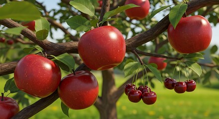 Obraz premium Juicy Red Apples & Cherries: 3D Rendered Orchard Scene AI Generated