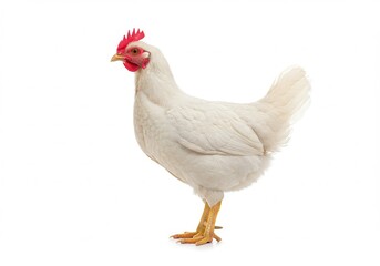 Fototapeta premium White hen standing isolated on a white background in studio lighting