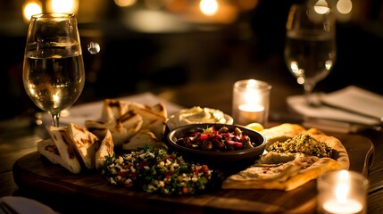 Assorted Mediterranean Dishes with Wine and Candles