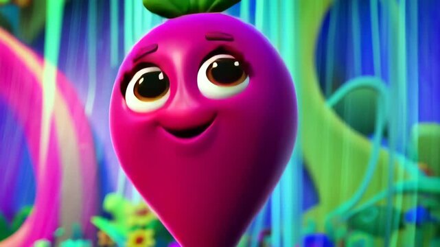 Animated bright pink turnip character walks in a whimsical fantasy garden with colorful flowers and cartoonish foliage in a kids video background