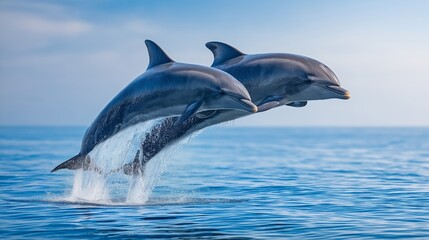 Naklejka premium Dolphin Dance: Two dolphins leap gracefully from the ocean, their sleek bodies arcing through the air against a backdrop of a clear blue sea.