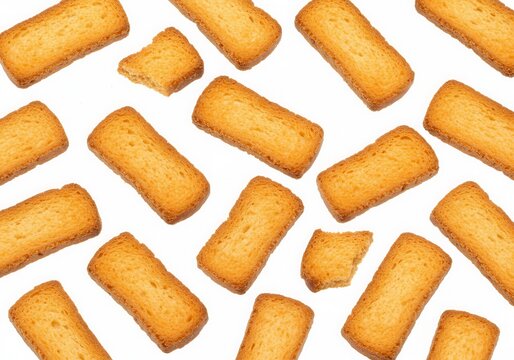 Crispy rusks arranged on a white background, some broken pieces included