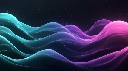Fototapeta premium Abstract Holographic Waves: Glowing Cyan and Pink Ripples on Dark Background