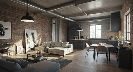 Fototapeta premium Industrial loft living brick walls concrete ceilings modern flair