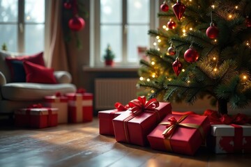 Christmas Eve presents under tree, decorated room, decorations, holiday